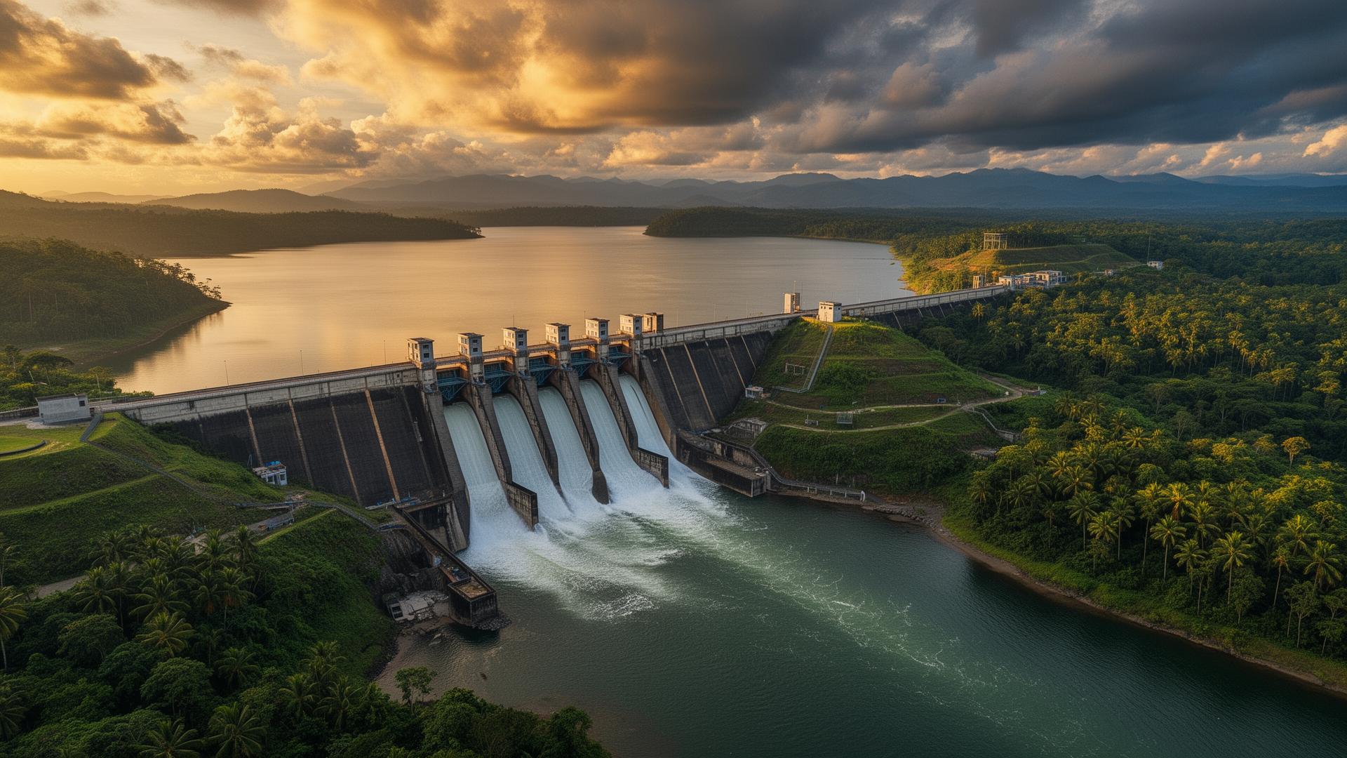 Aerial view of a large water infrastructure dam built by Minarta